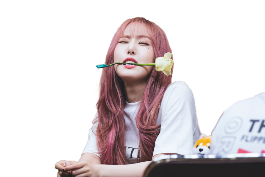 Sinb GFriend, woman biting white rose flower, png