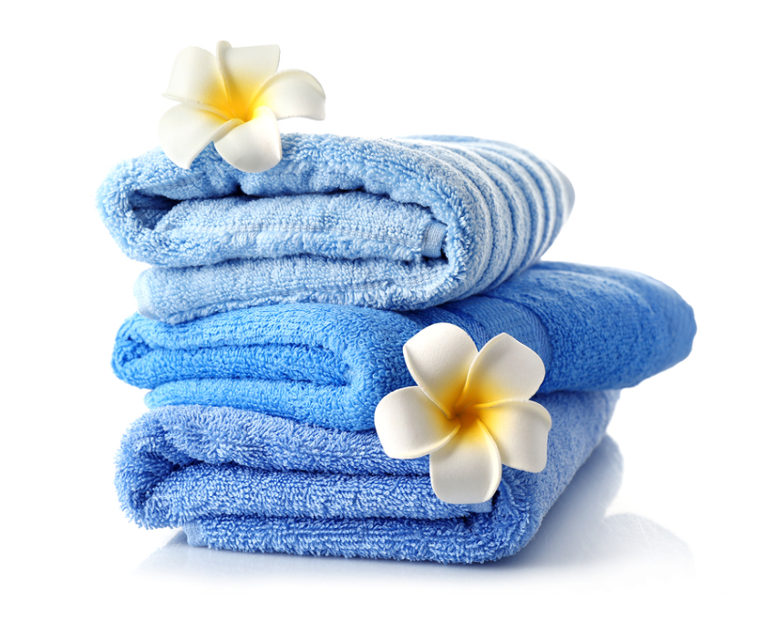 White and yellow flowers inserted on folded blue towels illustration, Towel Laundry room Service Washing, towel, service, textile png