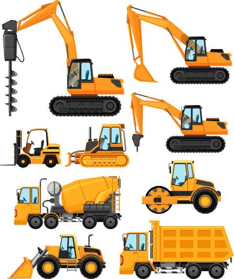 Different types of construction vehicles, png