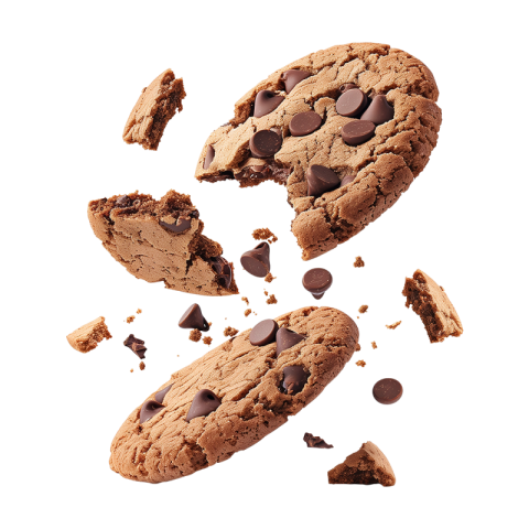 Broken Chocolate Chip Cookie with Crumbs Falling