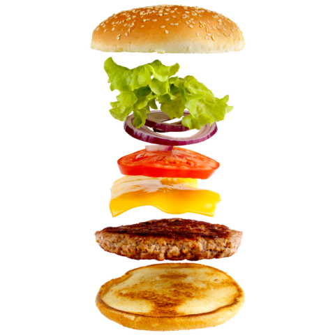 Floating Open Cheeseburger Flying Ingredients Photography PNG Image