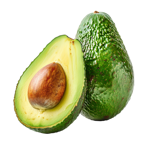 Whole and Half Avocado Fruit with Seed Detail