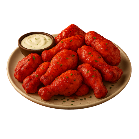 Crispy Red Buffalo Drumsticks with Herbs and Cream Sauce