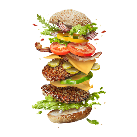 HD Floating Flying Ingredients Of Double Cheeseburger PNG Image